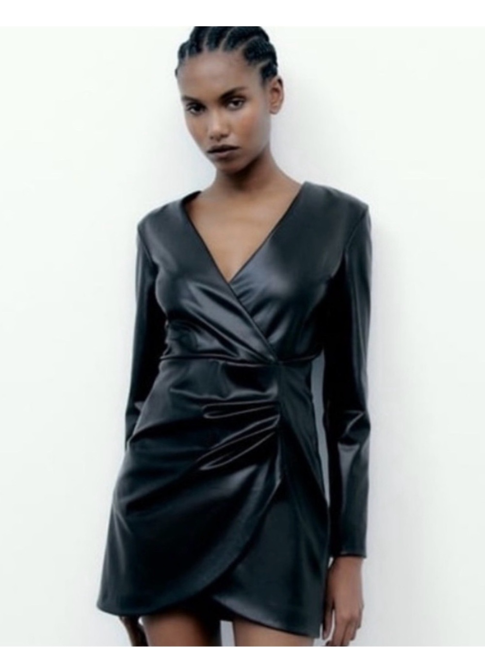 Zara Black Faux Leather Wrap Mini Dress